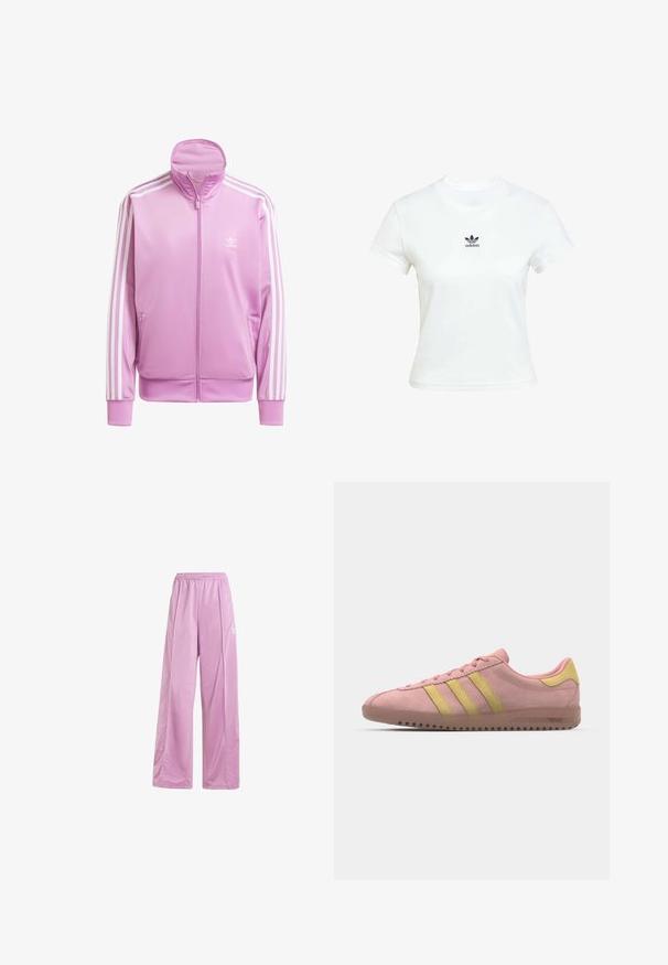 Giacca rosa con zip e alto colletto, strisce bianche sugli maniche e un piccolo logo bianco sul petto. Tessuto liscio e leggero.; T-shirt di cotone bianca con maniche corte e scollo rotondo. Presenta un logo Adidas nero stampato sul petto. Design semplice e minimale.; adidas Originals FIREBIRD LOOSE TRACK - Pantaloni sportivi - preloved purple; Sneaker in suede rosa con tre strisce gialle, punta arrotondata e suola in gomma testurizzata. Design a profilo basso con collarino imbottito.