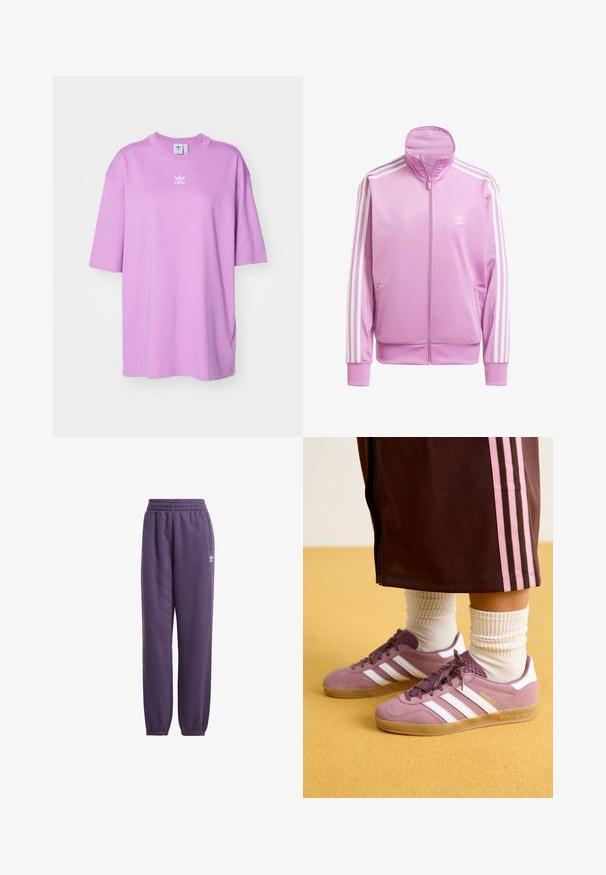 Roze zip-up jas met hoge kraag, witte accentstrepen langs de mouwen en een klein wit logo op de borst. Glad, lichtgewicht stof.; adidas Originals TEE - T-shirt basic - preloved purple; Paarse sweatpants met elastische tailleband en boorden, zijzakken en witte logodetail. Gemaakt van zachte, comfortabele stof voor optimaal comfort.; Paarse suede sneakers met witte strepen, rubberen zool en gestructureerde accenten, gecombineerd met geribbelde witte sokken en een bruine trainingsbroek met roze strepen.