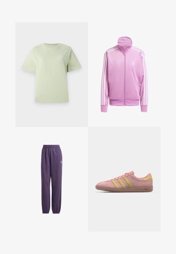 Rosafarbene Zip-Jacke mit hohem Kragen, weißen Akzentstreifen an den Ärmeln und einem kleinen weißen Logo auf der Brust. Glattes, leichtes Material.; Helles grünes Baumwoll-T-Shirt mit rundem Ausschnitt, kurzen Ärmeln und einem kreisförmigen grafischen Druck auf der Brust. Weicher Stoff, lockere Passform.; Lila Jogginghose mit elastischem Bund und Bündchen, seitlichen Taschen und weißen Logo-Details. Hergestellt aus weichem, bequemem Stoff für hohen Tragekomfort.; Rosa Wildleder-Sneaker mit drei gelben Streifen, runder Spitze und strukturiertem Gummisohle. Niedriges Profil mit gepolstertem Kragen.