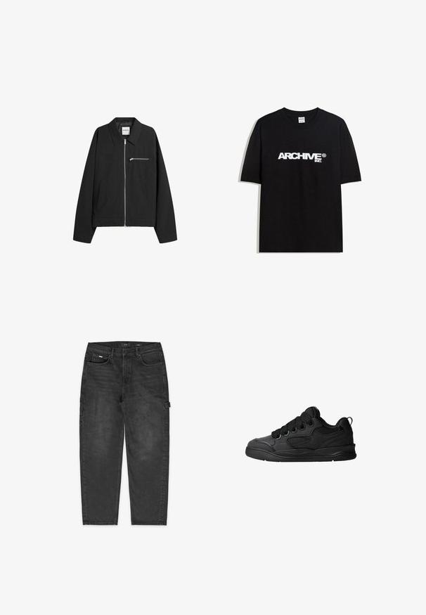 Black zip-up jacket made of soft fabric, featuring a classic collar, long sleeves, side pockets, and a small chest pocket with a zipper.; Black cotton T-shirt featuring a white "ARCHIVE inc." logo across the chest, short sleeves, and a crew neckline.; Black denim cargo pants with a loose fit, featuring side pockets, minimal fading, and a simple button closure at the waistband.; Black sneakers with a textured upper, featuring laces, mesh accents for breathability, padded collar, and a sturdy outsole.