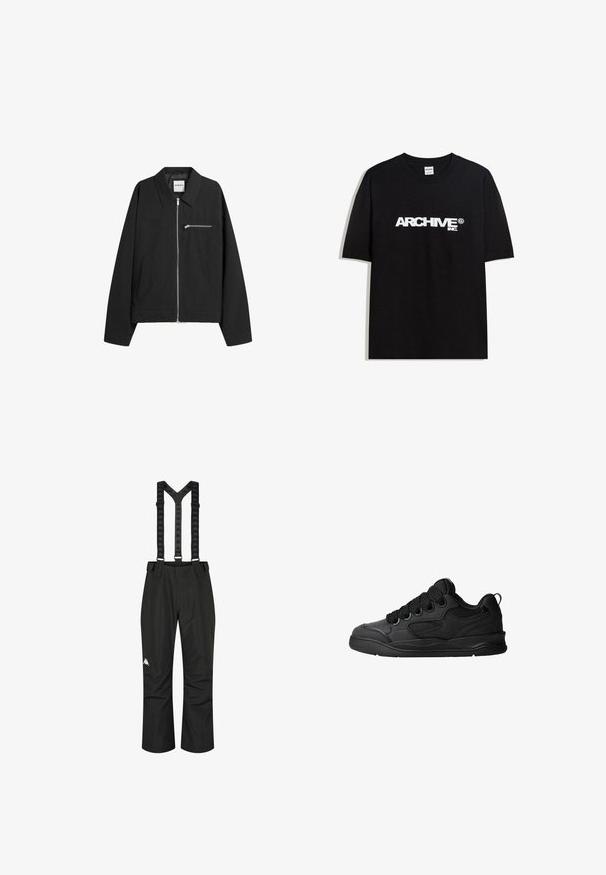 Jachetă neagră cu fermoar, confecționată dintr-un material moale, având un guler clasic, mâneci lungi, buzunare laterale și un mic buzunar pe piept cu fermoar.; Tricou din bumbac negru cu un logo alb "ARCHIVE inc." pe piept, mâneci scurte și guler rotund.; Pantaloni negri impermeabili cu bretele ajustabile, având o textură netedă și un logo alb pe piciorul stâng, concepuți pentru utilizarea în aer liber.; Adidași negri cu un lateral texturat, având șireturi, accente din plasă pentru respirabilitate, guler căptușit și o talpă rezistentă.