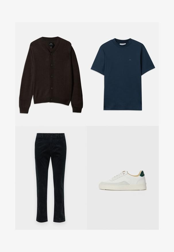 Brun strikket cardigan med V-hals, ribbestrikket krave og frontknapper. Har lange ærmer og en afslappet pasform. Materialet er blødt og glat.; Marineblå bomulds t-shirt med rund halsudskæring, korte ærmer og et diskret logo trykt på brystet. Glat tekstur og klassisk pasform.; Sorte fløjlsbukser med lige ben-design, der har lodrette ribber, en glat tekstur og en standard talje uden synligt hardware.; Hvide sneakers med ruskindsdetaljer, rund tå, flade snørebånd og en cremet gummisål. Har grøn branding på hælen.