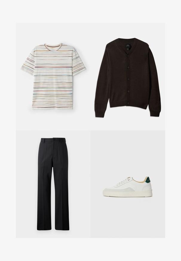 Brun stickad kofta med V-ringning, ribbad halsringning och framknappar. Har långa ärmar och en avslappnad passform. Materialet är mjukt och lent.; T-shirt med kort ärm, krämfärgad bas med flerfärgade horisontella ränder. Mjuk tyg, rund hals, rak passform, minimalistisk design.; Svarta raka byxor med bälteshällor, framknapp och dragkedja, visade mot en enfärgad vit bakgrund.; Vit sneaker med mockadetaljer, rund tå, platta snören och en krämfärgad gummisula. Har grön branding på hälen.
