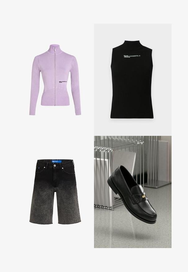 Lavandas krāsas zip-up džemperis ar ribotu tekstūru, augstu apkakli un garām piedurknēm. Priekšpusē ir emblēma un piegriezums, kas akcentē figūru.; Melnas bezroku ribots adīts tops ar augstu apkakli un baltu "Karl Lagerfeld Jeans" logotipu uzdrukātu uz krūšu augšdaļas.; Melni denima šorti ar gradientu no tumšas uz gaišu. Iezīmē frizētu apakšmalu, divus priekšējos kabatas un zilu zīmolu uz jostas.; Melnas ādas loafer kurpes ar gludu apdari, kurām ir dekoratīvs bands un neliela zelta akcenta detaļa. Zole ir plakana ar noapaļotu pirkstu.