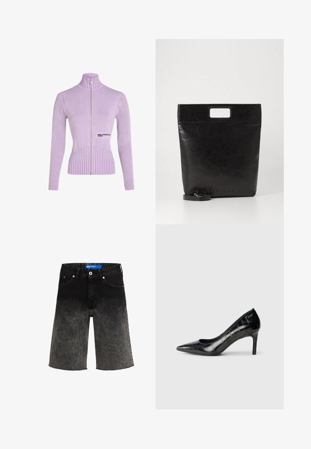 Svetrovka z zadrgo v lavanduljevih odtenkih z rebrasto teksturo, visokim ovratnikom in dolgimi rokavi. Ima logo na sprednji strani in prilega se silhueti.; Črna brezrokavnik iz rebrastega pletenega blaga z visokim ovratnikom in belim napisom "Karl Lagerfeld Jeans" na zgornjem delu prsnega koša.; Črne denim kratke hlače z gradientnim prehodom od temne do svetle barve. Imajo strgano spodnje robove, dve sprednji žepki in modro blagovno oznako na pasu.; Črne visoke pete s koničastim prstom, ki imajo sijoč zaključek in subtilen teksturiran vzorec. Imajo zmeren peti in odprt vratni dizajn.; Črna usnjena torba s kvadratnim ročajem, ki ima teksturirano obdelavo in vtisnjen logotip. Vključuje odstranljiv trak.