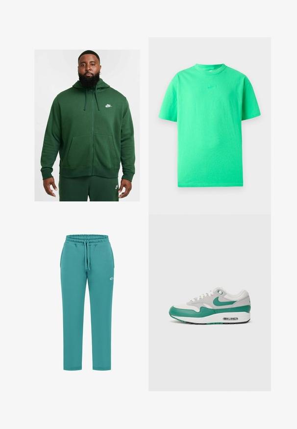 Grüne Zip-Hoodie aus weichem Stoff, mit einer frontalen Tasche und verstellbarem Kordelzug an der Kapuze. Nike-Logo in Weiß auf der Brust.; Grünes Baumwoll-T-Shirt mit kurzen Ärmeln, Rundhalsausschnitt, das auf der Brust ein gesticktes Nike-Logo in einem leicht dunkleren Grünton zeigt.; Hellblaue Sweatpants aus Baumwollmischung mit elastischem Bund, Kordelzug und schmal zulaufenden Beinen. Mit kleinem Logo am linken Oberschenkel.; Nike Air Max 1 Sneakers mit einem grauen Mesh-Obermaterial, grünen Lederakzenten, weißen Schnürsenkeln und einer sichtbaren Luftpolsterung in der Sohle.