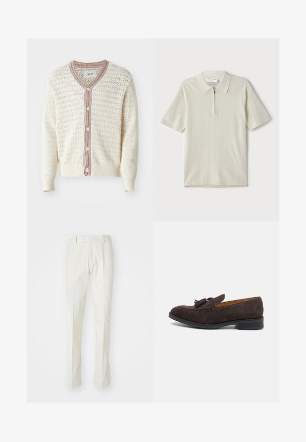 Kreminės spalvos megzta kardiganė su tekstūruotu raštu, turinti V formos iškirptę, daugiapalvį juostuotą apdailą ir penkis mygtukus.; Šviesiai bežinis trumpomis rankovėmis polo marškinėliai su užtrauktuku ant apykaklės. Pagaminti iš lygaus audinio, pasižymi paprastu, moderniu dizainu be raštų.; Balti medvilniniai kelnių modeliai, tiesaus silueto, lygia priekyje, be matomų raštų ar detalių. Lygus paviršius.; Paul Smith LAWSON - Įmautiniai batai - brown