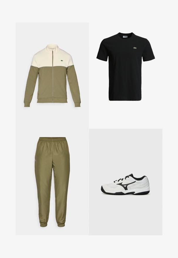 Chaqueta de color verde oliva con cremallera y un panel superior blanco, hecha de tela suave. Presenta un cuello alzado y un pequeño logotipo bordado en el pecho.; Camiseta de algodón negra con cuello redondo, mangas cortas y un pequeño logo de cocodrilo verde en el lado izquierdo del pecho. Textura suave, diseño casual.; Pantalones jogger verde oliva con cintura elástica, puños ajustados y un pequeño detalle de logo. Fabricados con tejido suave y ligero.; Zapato deportivo blanco con detalles en negro, con parte superior de malla, suela texturizada y diseño de cordones para un ajuste seguro. Área de punta reforzada.