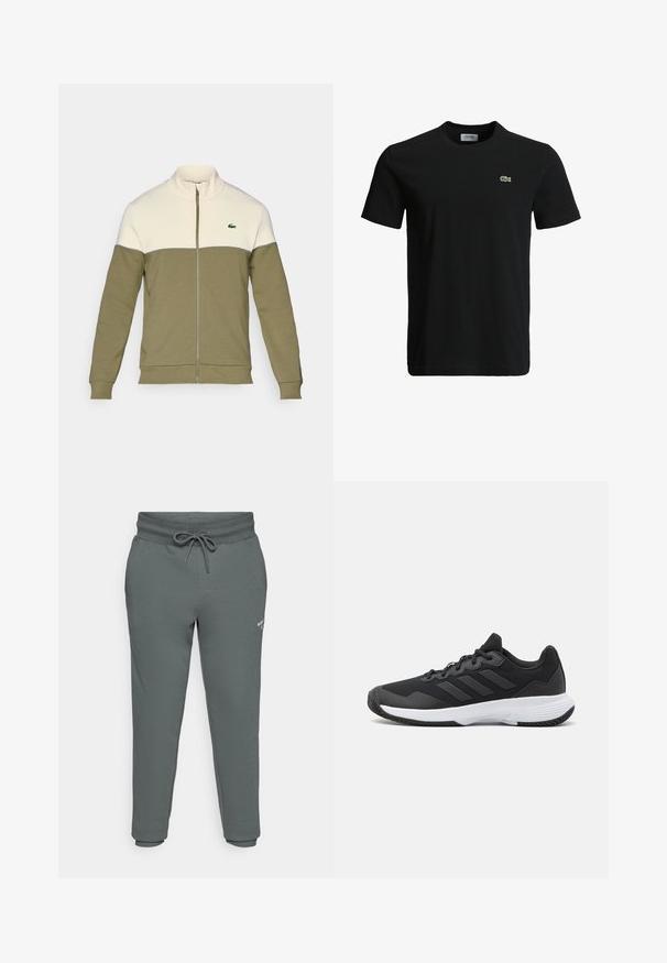 Casaco de fecho éclair verde-azeitona com um painel superior branco, feito de tecido suave. Apresenta um colarinho alto e um pequeno logotipo bordado no peito.; T-shirt de algodão preto com decote redondo, mangas curtas e um pequeno logotipo de crocodilo verde no lado esquerdo do peito. Textura suave, design casual.; Calças de fato cinzentas feitas de um tecido macio, com um cós elástico e cordão. Apresentam pernas ajustadas e bolsos laterais. Marcações mínimas.; Sapatilha atlética preta com um upper texturizado, três riscas horizontais e uma sola branca com um padrão de piso. Design leve e aerodinâmico.