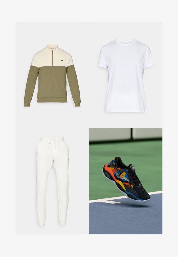 Olive zaļš zipa džemperis ar baltu augšējo paneļi, izgatavots no mīksta auduma. Iezīmēts ar stāvu apkakli un mazu izšūtu logotipu uz krūšu daļas.; Balta īsām piedurknēm T-krekls, izgatavots no viegliem audumiem. Piedāvā apaļu kakla izgriezumu un smalku teksturētu rakstu. Logo uzdrukāts uz piedurknes.; Baltie kokvilnas sporta bikses ar elastīgu jostasvietu, aukliņu detaļām, sānu kabatām un pieguļošām piedurknēm. Diskrēta zīmola atšķirība sānos.; Melnas sporta kurpes ar krāsainiem akcentiem oranžā, zilā un dzeltenā krāsā. Iezīmīgas ar teksturētu virsmu un baltu gumijas zoli ar rakstainu protektoru.