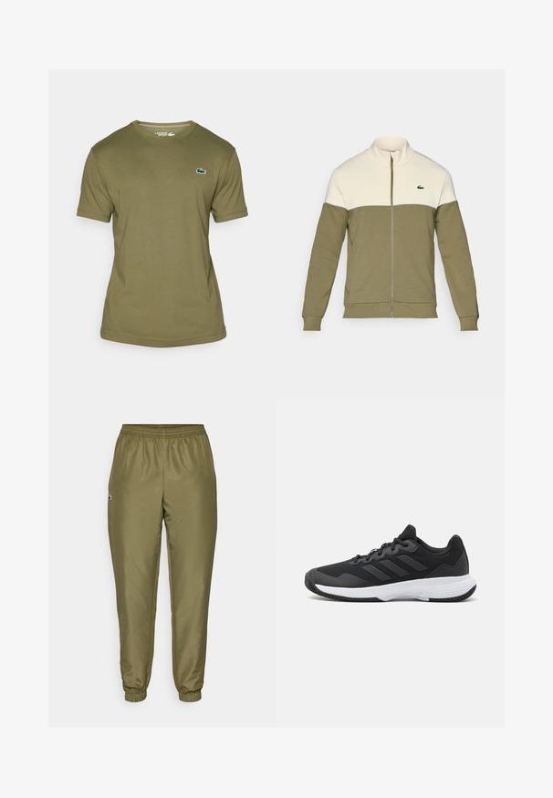 Olive spalvos zip-up striukė su balta viršutine dalimi, pagaminta iš minkštos medžiagos. Turi stovinčią apykaklę ir mažą siuvinėtą logotipą krūtinėje.; Alyvuogių žalios spalvos trumpomis rankovėmis marškinėliai, pagaminti iš medvilnės, su apykakle ir mažuoju žaliu bei raudonu Lacoste logotipu ant krūtinės.; Alyvuogių spalvos sportiniai kelnės su elastinga juosta, siaurėjantys kulkšnys ir mažas logotipo detalė. Pagamintos iš lygios, lengvos medžiagos.; Juodas sportinis batelis su tekstūruota viršutine dalimi, trimis horizontaliomis juostelėmis ir baltu padu su raštuotu protektoriumi. Lengvas ir aerodinamiškas dizainas.