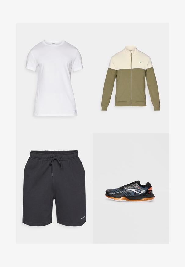 Olive green zip-up jacket with a white upper panel, made of soft fabric. Features a stand collar and a small embroidered logo on the chest.; White cotton T-shirt with short sleeves, crew neckline, and a straight cut. Features a small brand label on the left hem. Soft texture.; Dark gray sports shorts made of soft fabric, featuring an elastic waistband with a drawstring and a small logo on the lower side.; Black athletic shoe with textured upper, blue accents, and orange sole. Features white logo and patterned design. Lightweight, modern shape.