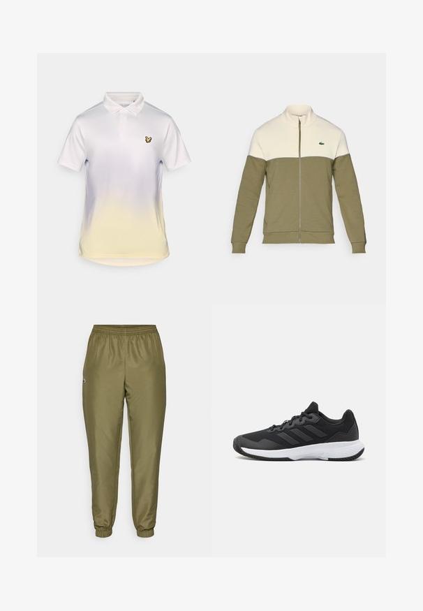 Olivengroene ritsjack met een witte bovenpaneel, gemaakt van zachte stof. Voorzien van een staande kraag en een klein geborduurd logo op de borst.; Witte polo met een gele verloop aan de onderkant, een klassieke kraag en een klein zwart vogellogo op de linkerkant van de borst.; Olijfgroene joggers met een elastische tailleband, taps toelopende boorden en een klein logo-detail. Gemaakt van een gladde, lichte stof.; Zwarte sportieve schoen met een gestructureerde bovenkant, drie horizontale strepen en een witte zool met een gepatternde loopvlak. Lichtgewicht en gestroomlijnd ontwerp.