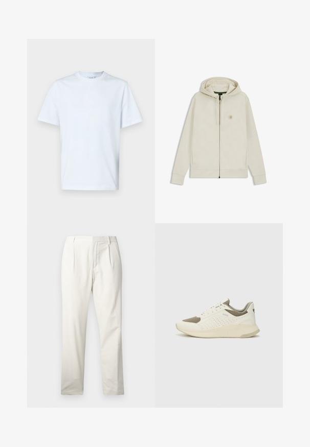 Felpa con zip di un beige chiaro, dotata di cappuccio, tasche frontali e un logo esagonale ricamato sul lato sinistro del petto. Tessuto dalla texture liscia.; T-shirt a maniche corte e collo rotondo realizzato in morbido cotone bianco. Presenta un design minimalista con un logo discreto nella zona del petto.; Pantaloni in cotone bianco con gamba dritta, caratterizzati da pieghe frontali, una texture liscia e un design della vita classico.; Sneaker atletica bianca e beige chiaro, con tomaia in mesh, dettagli perforati e una suola intermedia texturizzata con marchio sul tallone.