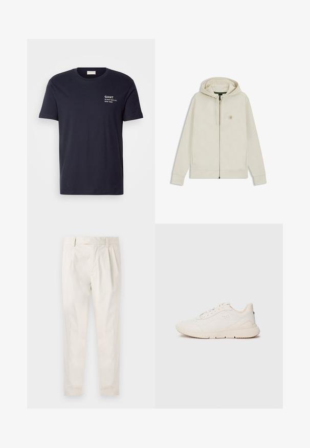 Jasno beżowa bluza z kapturem zapinana na zamek, z przednimi kieszeniami i haftowanym logo w kształcie hexagonu na lewej piersi. Gładki tekstura materiału.; Granatowa bawełniana koszulka z krótkim rękawem, okrągłym dekoltem i białym nadrukiem: "GANT 32 EAST 39TH ST. NOWY JORK" na klatce piersiowej.; Białe, plisowane spodnie o dopasowanym kroju, z gładką fakturą, szlufkami na pasek i zwężanymi nogawkami. Brak widocznych kieszeni lub wzorów.; Białe sneakersy wykonane z teksturowanego materiału, z gładką podeszwą, sznurowanym przodem i dyskretnym logo na pięcie. Minimalistyczny design.