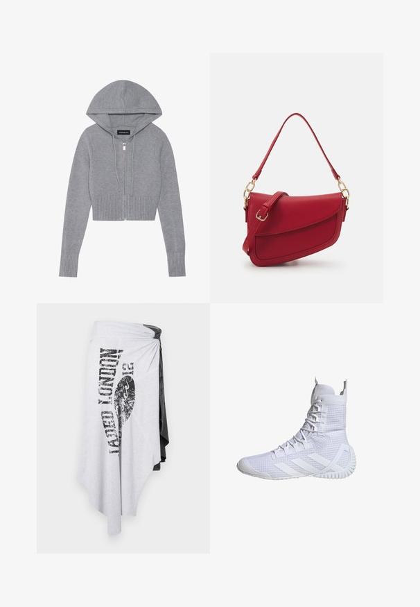 Šedá zkrácená mikina na zip vyrobená z měkkého pleteného materiálu. Má kapuci, žebrovaný lem a manžety, se stříbrným detailem na zipu.; Námořnická modrá a krémová bavlněná crop top s halter krkem, s potiskem "Brooklyn" a číslem 98. Hladká textura, sportovní design a barevné blokování.; Jaded London WRAP SKIRT - Zavinovací sukně - multi coloured; Bílé vysoké sportovní tenisky s texturovaným síťovaným svrškem, plochými tkaničkami a gumovou podrážkou, která má na boční straně tři ikonické pruhy.; Červená texturovaná kožená taška přes rameno s dlouhým popruhem a zlatými kovy, s vyklenutým uzávěrem a strukturovanou siluetou.