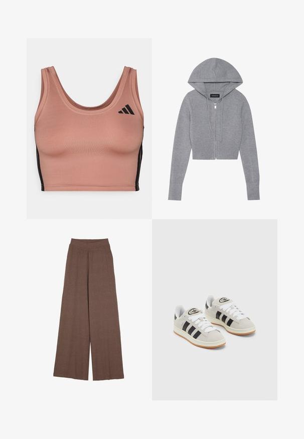 Graue, kurze Zip-Hoodie aus einem weichen Strickmaterial. Mit Kapuze, geripptem Saum und Bündchen sowie einem silbernen Reißverschluss-Detail.; Sport-BH aus weichem, rosafarbenem Stoff mit Rundhalsausschnitt, schwarzen Seitenstreifen und dezenten Logo-Details. Tailored Fit mit glatter Textur.; Weite Hosen aus einem strukturierten, gerippten Stoff in warmem Braun. Mit einem nahtlosen Bund und fließender Silhouette.; Graue Wildledersneaker mit weißen Schnürsenkeln, schwarzen Streifen und einer weißen Gummisohle. Merkmale sind ein kreisförmiges Logo auf der Zunge und eine Gummisohle.
