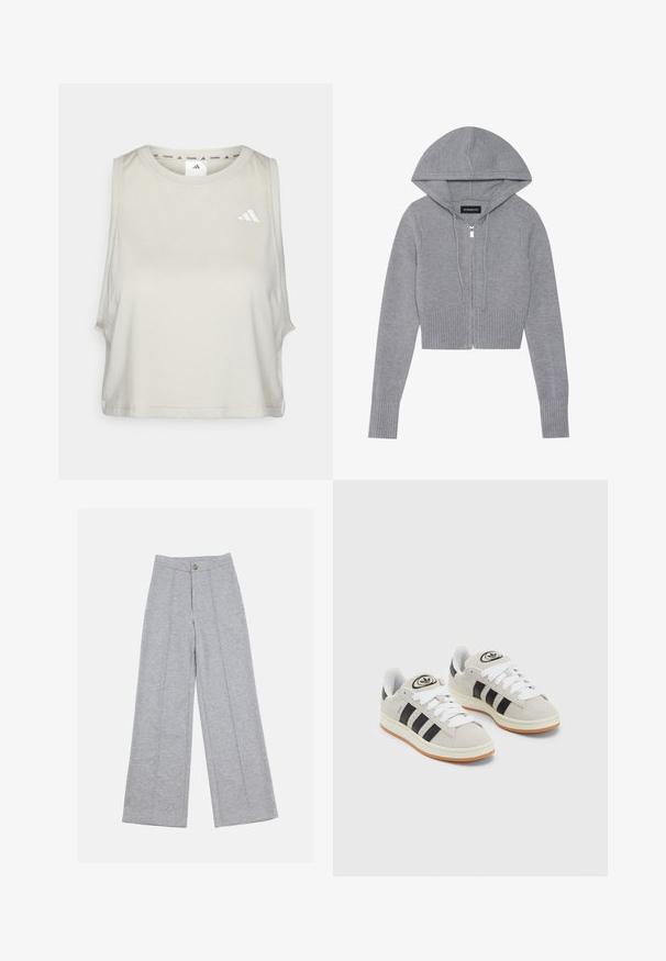 Pilkas trumpas zip-up džemperis pagamintas iš minkštos mezgimo medžiagos. Turi gobtuvą, raukšlėtą apatinę dalį ir rankogalius, su sidabriniu užtrauktuku.; Šviesiai pilkas be rankovių trumpas topas, pagamintas iš lygaus audinio, pasižymintis apvaliu iškirpimu ir baltu Adidas logotipu kairėje krūtinės pusėje.; Šviesiai pilkos plačios kelnės, pagamintos iš minkštos medžiagos, su mygtuko uždarymu ir vertikaliomis siūlėmis priekyje.; Grynos zomšos sneakeriai su baltais raišteliais, juodomis juostelėmis ir balta gumine sole. Turintys apskritą logotipą ant liežuvėlio ir guminę sole.