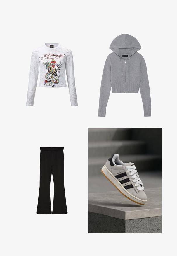Grå cropped zip-up hættetrøje i blødt strikmateriale. Har en hætte, ribbet kant og manchetter samt detaljer med sølv lynlås.; Hvid langærmet skjorte med et farverigt tattoo-inspireret grafik, der viser et kranium, vinger og teksten "New York City". Blødt stof, cropped design.; Sorte flared leggings lavet af strækbart stof. Har en bred talje og en glat tekstur, med en tætsiddende silhuet der bredder sig ved sømmen.; Grå Adidas Campus-sneaker med sorte striber og hvide snørebånd, der svæver over en betonkant med trapper i baggrunden.