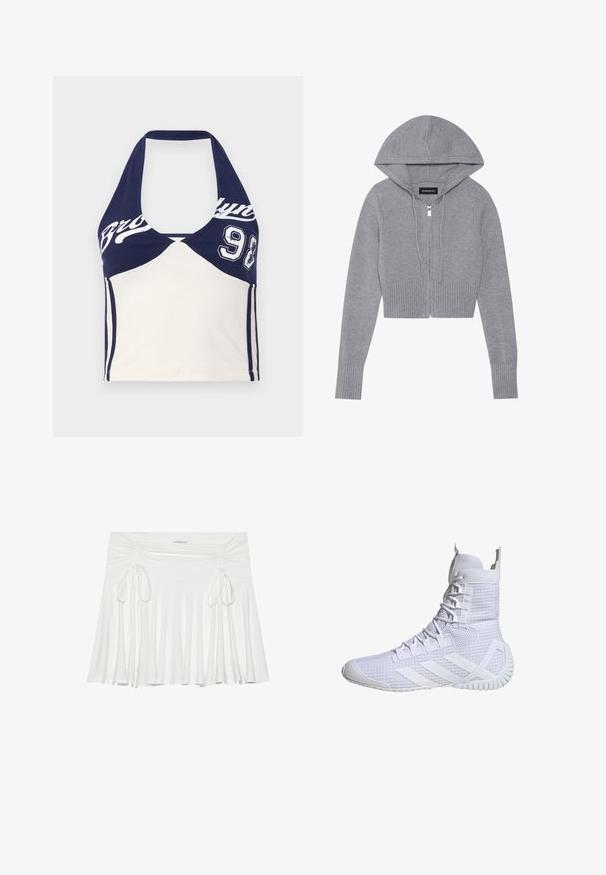 Gray cropped zip-up hoodie in a soft knit material. Features a hood, ribbed hem and cuffs, with a silver zipper detail.; Navy blue and cream cotton crop top with halter neck, featuring "Brooklyn" print and number 98. Smooth texture, sporty design, and color-blocked.; White flared skirt made of soft fabric, featuring gathered side details with adjustable ties, creating a flowing silhouette.; White high-top athletic shoe with a textured mesh upper, flat laces, and rubber sole featuring three iconic stripes on the side.
