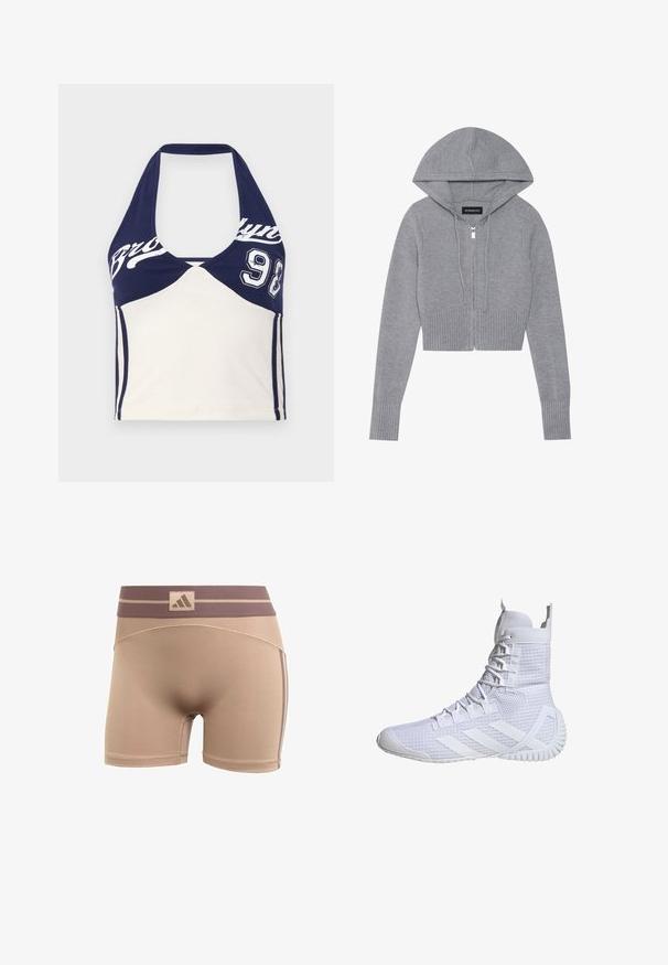 Šedá zkrácená mikina na zip vyrobená z měkkého pleteného materiálu. Má kapuci, žebrovaný lem a manžety, se stříbrným detailem na zipu.; Námořnická modrá a krémová bavlněná crop top s halter krkem, s potiskem "Brooklyn" a číslem 98. Hladká textura, sportovní design a barevné blokování.; adidas Performance HYPERGLAM - Punčochy - chalky brown earth strata; Bílé vysoké sportovní tenisky s texturovaným síťovaným svrškem, plochými tkaničkami a gumovou podrážkou, která má na boční straně tři ikonické pruhy.