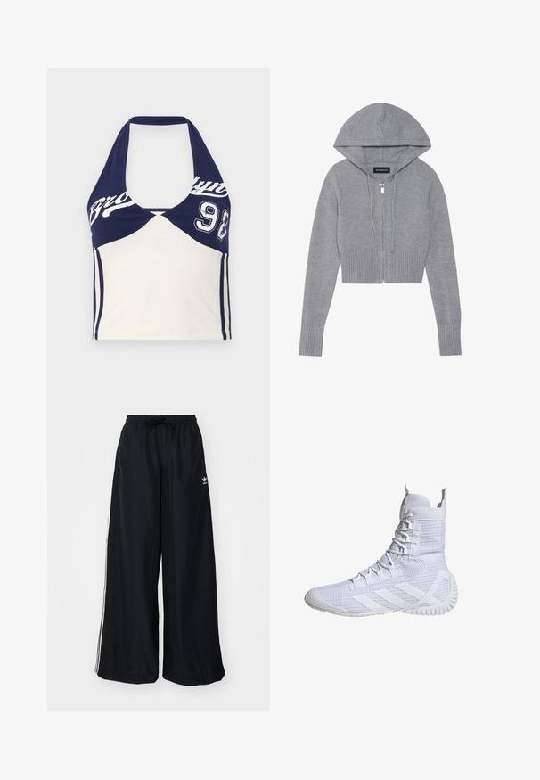 Gray cropped zip-up hoodie in a soft knit material. Features a hood, ribbed hem and cuffs, with a silver zipper detail.; Navy blue and cream cotton crop top with halter neck, featuring "Brooklyn" print and number 98. Smooth texture, sporty design, and color-blocked.; Black wide-leg pants made from lightweight fabric. Features an elastic waistband with drawstring and white side stripes. Brand logo on hip.; White high-top athletic shoe with a textured mesh upper, flat laces, and rubber sole featuring three iconic stripes on the side.
