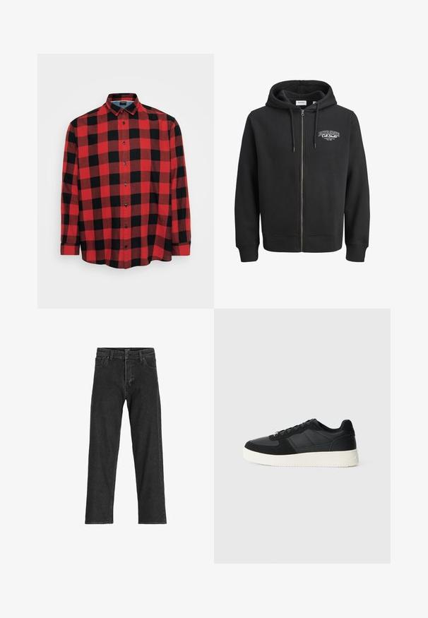 Felpa nera con zip realizzata in morbido tessuto misto cotone. Presenta una tasca a marsupio e un logo sulla parte sinistra del petto.; Camicia a maniche lunghe a quadri rossi e neri, in cotone, con colletto button-down, bottoni neri, caratterizzata da un grande motivo a scacchi e orlo curvo.; Jeans in denim nero con un design a gamba dritta, dotati di zip, passanti per cintura e sei tasche, realizzati in un resistente tessuto misto cotone.; Sneaker nera bassa con pelle texture e pannelli in suede, suola in gomma bianca e lacci neri su uno sfondo chiaro e semplice.