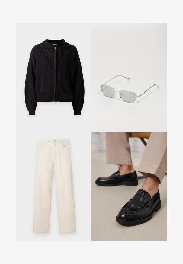 Czarna bluza z kapturem na zamek błyskawiczny, wykonana z teksturowanej dzianiny, z kapturem, ściągaczami na mankietach i u dołu. Projekt obejmuje centralny zamek i luźny krój.; Biały bawełniany top na ramiączkach z okrągłym dekoltem, szerokimi ramiączkami i prostym dołem, charakteryzujący się gładką teksturą i brakiem widocznych wzorów.; Beżowe spodnie szerokie wykonane z teksturowanej tkaniny, z zapięciem na guzik, szlufkami na pasek i klasycznym stylem kieszeni.; Czarne skórzane mokasyny o gładkim wykończeniu, z dekoracyjnym paskiem i kontrastowym szwem, w połączeniu z beżowymi spodniami.; Srebrne metalowe okulary przeciwsłoneczne z owalnymi szarymi soczewkami, smukłymi ramionami i minimalistycznym designem. Soczewki mają subtelne właściwości odbijające.