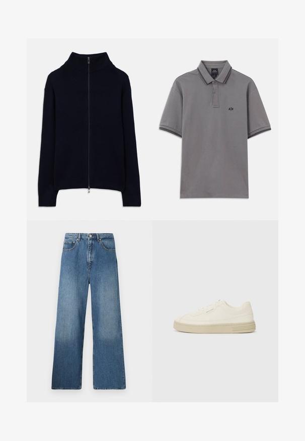 Navy blue ribbed knit sweater with long sleeves, high collar, and a full front silver zipper, laid flat on a white background.; Gray short-sleeve polo shirt with black trim on collar and sleeves, buttoned placket, and small black A|X logo on the left chest.; Wide-leg blue denim jeans featuring a classic five-pocket design, front button closure, and slight fading for texture.; White canvas sneakers with a textured rubber sole, featuring a stitched toe cap and logo accent on the heel. Simple lace-up design.