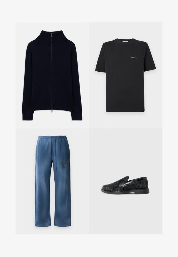 Navy blue ribbed knit sweater with long sleeves, high collar, and a full front silver zipper, laid flat on a white background.; Black cotton T-shirt with a crew neckline, short sleeves, and a small white "TIGER OF SWEDEN" logo on the chest. Classic fit.; Blue velvet wide-leg pants with elastic waistband, drawstring, side pockets, and embroidered logo on right thigh.; Black woven slip-on shoe with a smooth leather accent on the upper, a round toe design, and a low-profile rubber sole.