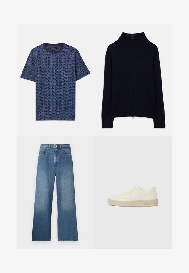 Tumši zils ribota adīta džemperis ar garām piedurknēm, augstu apkakli un pilnu sudraba rāvējslēdzēju, izklāts uz baltas fona.; Tumši zila kokvilnas T-kreklu ar ģeometrisku MK logotipa rakstu. Iekļaujapa arapa kaklu un īsām piedurknēm, ar teksturētu audumu visā virsmā.; Platmalu, zili džinsi ar klasisku piecu kabatu dizainu, priekšējo pogu aizdari un nelielu izbalējumu tekstūras nodrošināšanai.; Baltas kanvas sporta apavi ar strukturētu gumijas zoli, ar šūtu purngalu un logotipu uz papēža. Vienkāršs auklu aizdare dizains.