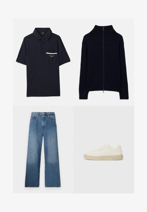 Tumesinine ribakootud kootud sviiter pikkade varrukatega, kõrge kraega ja täisfrontaalse hõbedase tõmblukuga, asetatud tasasele valgele taustale.; Tumesinise polo särk, mis on valmistatud puuvillast, kolmeknöppla, lühikeste varrukatega ja taskuga, millel on valged triibud.; Laiad sinised denimpüksid, millel on klassikaline viie tasku disain, esine nööbiga sulgemine ja kerge fade efekt tekstuuri jaoks.; Valged kangast spordijalatsid tekstureeritud kummist tallaga, tükkide õmblusega varbakaitsme ja logo rõhuasetusega kandmisel. Lihtne lipsuga disain.