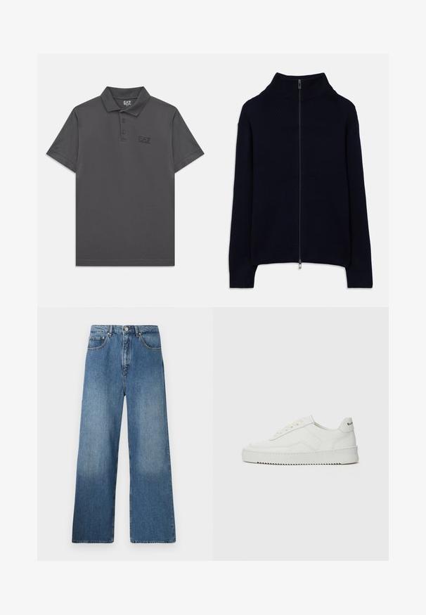 Granatowy sweter z prążkowanego materiału z długimi rękawami, wysokim kołnierzem i całkowitym srebrnym zamkiem błyskawicznym, leżący na białym tle.; Ciemnoszara koszulka polo z krótkim rękawem, zapinana na trzy guziki, z subtelnym logo EA7 Emporio Armani na lewej piersi.; Szerokie niebieskie dżinsy z denimu z klasycznym pięciopocketowym fasonem, z przodem na guziki i lekkim wyblaknięciem dla uzyskania faktury.; Białe skórzane sneakersy o gładkim wykończeniu, okrągłym nosku, płaskich sznurówkach i teksturowanej podeszwie. Charakteryzują się delikatnym logo na pięcie.