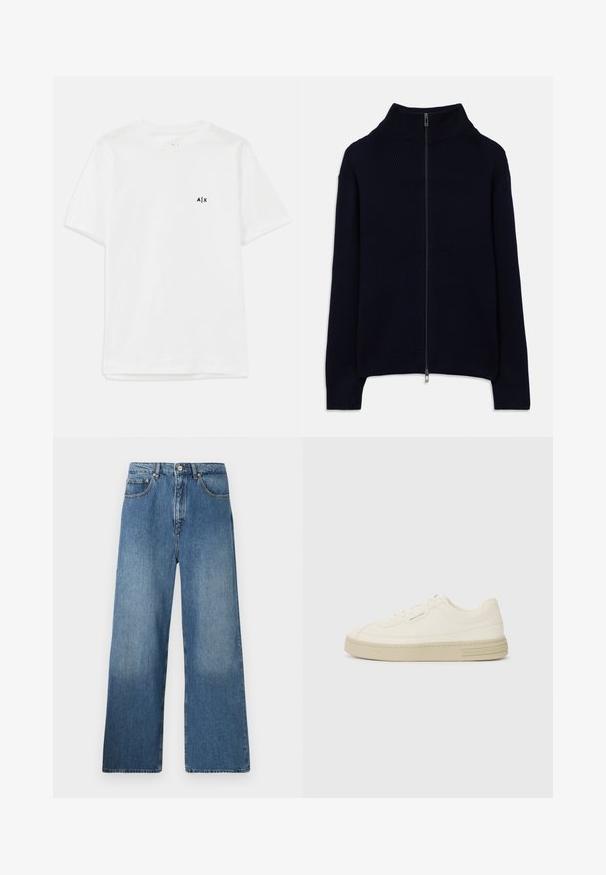 Tamsiai mėlynas raukinėtas megztinis su ilgomis rankovėmis, aukšta apykakle ir pilna sidabrine užtrauktuku, paguldytas ant baltos fono.; Balta medvilnės marškinėliai trumpomis rankovėmis ir apykakle, su mažu juodu logotipu kairėje krūtinės pusėje. Lygus paviršius, paprastas dizainas.; Plati blauji džinsai su klasikinio penkių kišenių dizainu, priekyje su mygtuko uždarymu ir šiek tiek išblukusių Detalių.; Baltos drobės sportbačiai su tekstūruota guma padais, turintys siuvinėtą pirštų apsaugą ir logotipo akcentą ant kulno. Paprastas rišamas dizainas.