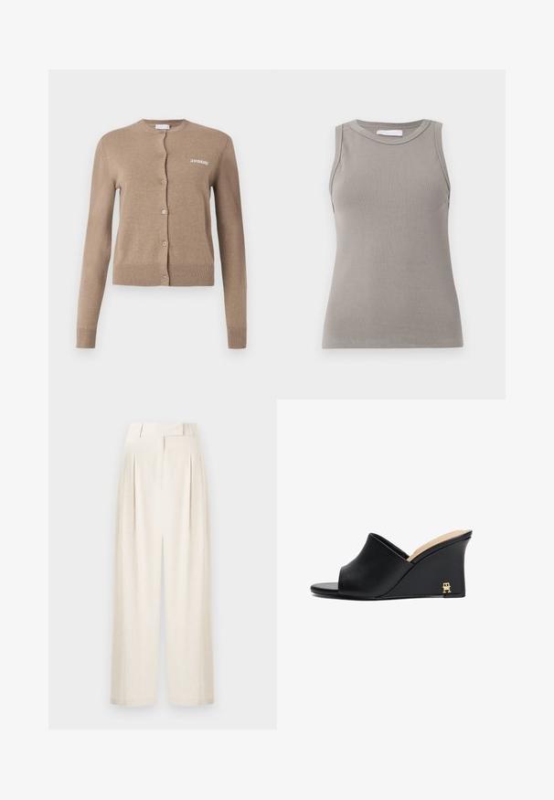 Cardigan lavorato a maglia beige con maniche lunghe, scollatura rotonda e chiusura con bottoni. Presenta orlo e polsini a coste, con "2ND DAY" ricamato sul davanti.; Top senza maniche grigio a coste con scollatura rotonda e orlo dritto, caratterizzato da un tessuto testurizzato e cuciture sottili sulle spalle.; Pantaloni a gamba larga color crema realizzati in tessuto testurizzato, con vita alta, pieghe e un design a taglio dritto.; Sandali con tacco a forma di cuneo in pelle nera, con punta aperta e design curvato, caratterizzati da un accento metallico dorato sul tallone. Texture liscia.