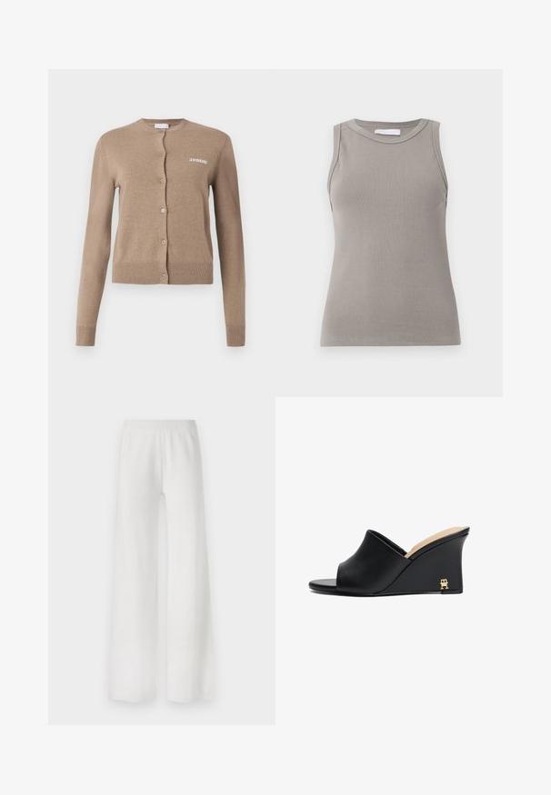 Šviesiai ruda megzta kardiganas su ilgomis rankovėmis, apvaliu iškirpimu ir mygtukų užsegimu. Apykaklėje ir rankogaliuose yra raižyti elementai, o priekyje yra siuvinėtas „2ND DAY“ užrašas.; Pilkas be rankovių lygus marškinėliai su apvalia iškirpte ir tiesiu apvadu, su tekstūruotu audiniu ir subtiliomis siūlėmis peties srityje.; Balti plačios kelnės pagamintos iš minkštos medžiagos, su elastingu juosmeniu, tiesaus kirpimo ir be matomų raštų ar akcentų.; Juodos odinės platformos šlepetės su atvira pirštu ir kreivėmis, su auksiniu metaliniu akcentu ant kulno. Lygi tekstūra.