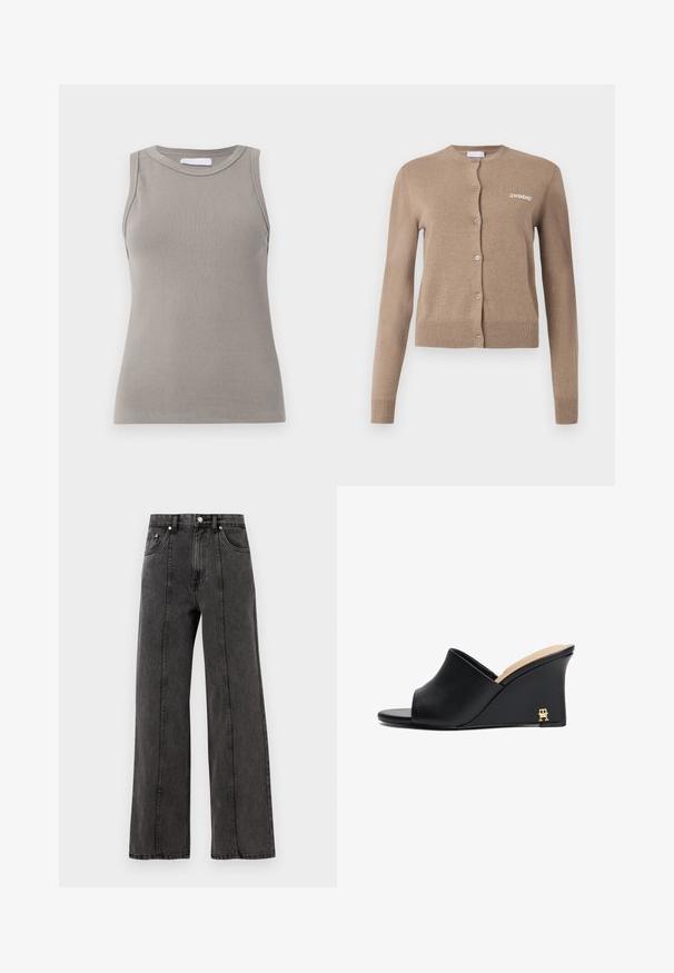 Cárdigan de punto beige con mangas largas, escote redondo y cierre de botones. Cuenta con dobladillo y puños acanalados, con "2ND DAY" bordado en la parte delantera.; Camiseta sin mangas gris de canalé con un cuello redondo y dobladillo recto, que presenta una tela texturizada y costuras sutiles en los hombros.; Vaqueros de mezclilla anchos en negro con cintura alta, que cuentan con bolsillos frontales, costuras visibles y un acabado limpio. Sin adornos ni desgastes.; Sandalias de cuña de cuero negro con puntera abierta y diseño curvado, que presentan un acento metálico dorado en el tacón. Textura suave.