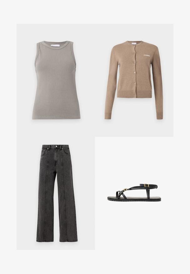 Cardigan lavorato a maglia beige con maniche lunghe, scollatura rotonda e chiusura con bottoni. Presenta orlo e polsini a coste, con "2ND DAY" ricamato sul davanti.; Top senza maniche grigio a coste con scollatura rotonda e orlo dritto, caratterizzato da un tessuto testurizzato e cuciture sottili sulle spalle.; Jeans ampi neri in denim con vita alta, dotati di tasche frontali, cuciture visibili e finitura pulita. Senza decorazioni o effetti usurati.; Sandali neri in pelle con sottili cinturini e una cinghia alla caviglia con fibbia. Suola piatta con una finitura texturizzata e bordo a zigzag. Design minimalista.