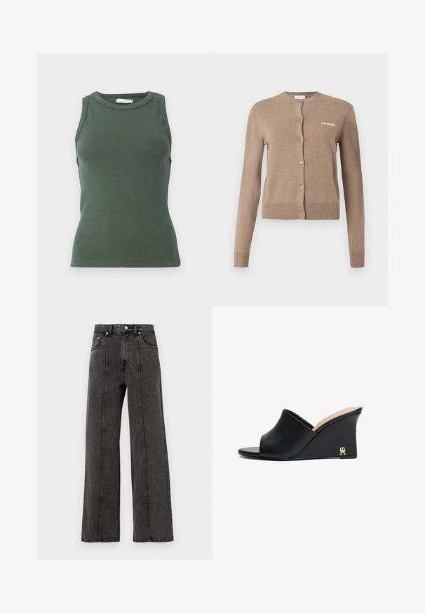 Cardigan lavorato a maglia beige con maniche lunghe, scollatura rotonda e chiusura con bottoni. Presenta orlo e polsini a coste, con "2ND DAY" ricamato sul davanti.; Top verde a costine con scollatura rotonda e design senza maniche. Presenta una silhouette aderente e una textura delicata su tutta la superficie.; Jeans ampi neri in denim con vita alta, dotati di tasche frontali, cuciture visibili e finitura pulita. Senza decorazioni o effetti usurati.; Sandali con tacco a forma di cuneo in pelle nera, con punta aperta e design curvato, caratterizzati da un accento metallico dorato sul tallone. Texture liscia.