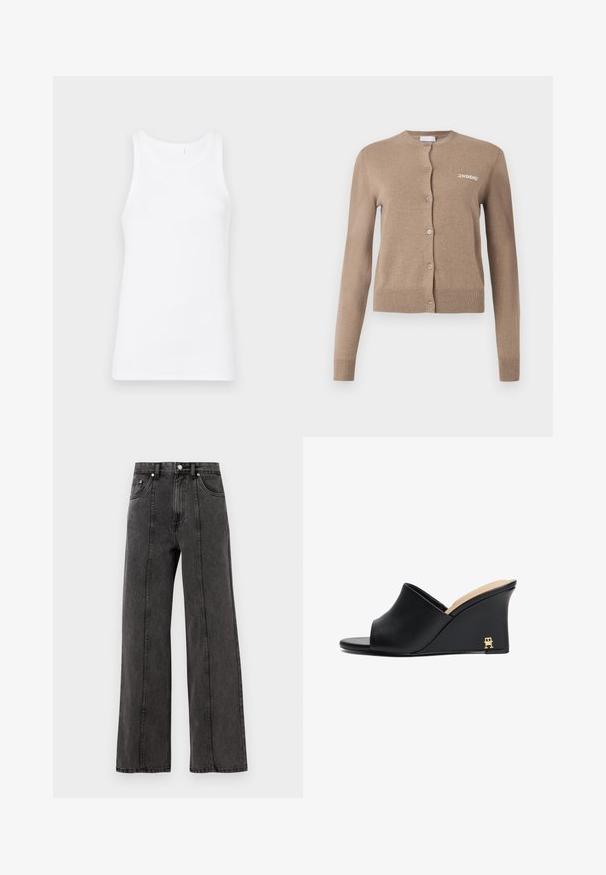 Šviesiai ruda megzta kardiganas su ilgomis rankovėmis, apvaliu iškirpimu ir mygtukų užsegimu. Apykaklėje ir rankogaliuose yra raižyti elementai, o priekyje yra siuvinėtas „2ND DAY“ užrašas.; Balta medvilninė maikutė be rankovių su apvaliu iškirpimu ir plačiomis petnešomis. Audinys yra lygus ir prigludęs, be matomų raštų ar puošmenų.; Juodos džinsinės plačios kelnės su aukšta juosmens linija, turinčios priekines kišenes, matomą siuvinėjimą ir tvarkingą apdailą. Be puošmenų ar susidėvėjimo.; Juodos odinės platformos šlepetės su atvira pirštu ir kreivėmis, su auksiniu metaliniu akcentu ant kulno. Lygi tekstūra.