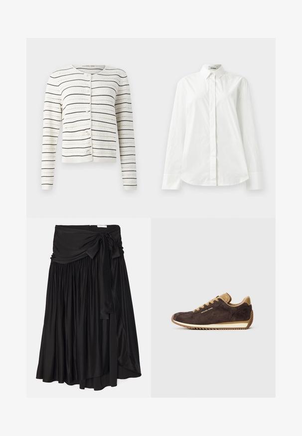 Baltas kardiganas su juodomis horizontaliosiomis juostelėmis ir nėriniuotu raštu. Yra apvalus kaklas ir perlų tipo sagos priekyje.; Balta medvilninė ilgomis rankovėmis marškinių su smailiu apykakle, sagutėmis priekyje ir apvaliu sijonu. Lygus audinys, įprasta fasono, be raštų.; Juodas sijonas, pagamintas iš lygaus, tekancio audinio; turi plačią, išgaubtą juosmens juostą su užrišimu ir klostėmis, suteikiančiomis sijonui purų siluetą.; Rudos zamšo sportbačiai su šviesiai ruda odinėmis detalėmis, su apvaliais raišteliais, šviesiai ruda guma padais ir "Michael Kors" logotipu išorinėje pusėje.