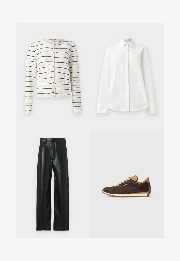 Balts kardigans ar melniem horizontāliem svītrām un atvērtas darbnīcas rakstu. Tam ir apaļa kakla izgriezums un pērļu līdzīgas pogas gar priekšpusi.; Balta kokvilnas krekls ar garām piedurknēm, ar norādītu apkakli, pogāmu priekšpusi un apaļu apakšmalu. Gluda tekstūra, regulāra piegriezums un bez rakstiem.; Melnas ādas bikses ar taisnu griezumu, aprīkotas ar pogu aizdari, jostas cilpām un divām priekšējām kabatām. Gluda tekstūra ar vieglu mirdzumu.; Brūni zamšādas sporta apavi ar brūnu ādas akcentiem, aprīkoti ar apaļām šņorēm, bēša gumijas zoli un "Michael Kors" logo uz ārējās malās.