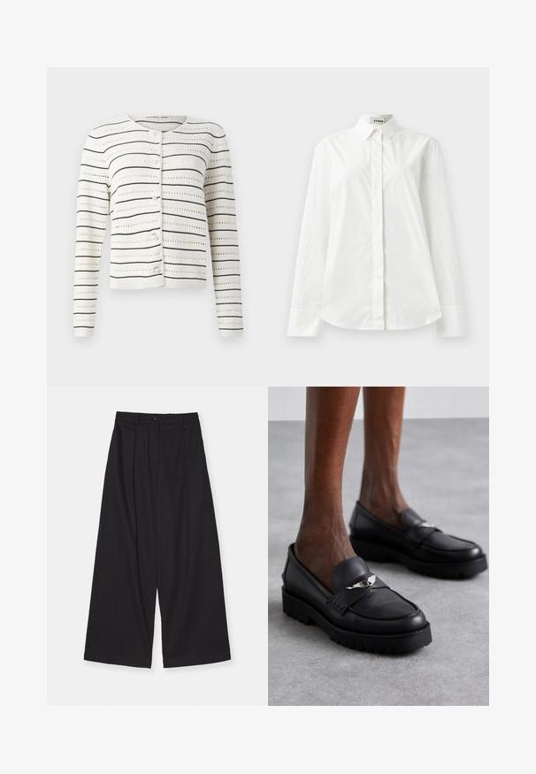 Cardigan bianco con strisce orizzontali nere e motivo a traforato. Presenta un collo rotondo e bottoni simili a perle lungo la parte anteriore.; Camicia bianca in cotone a maniche lunghe con colletto a punta, chiusura anteriore con bottoni e orlo arrotondato. Tessuto liscio, vestibilità regolare e senza fantasie.; Pantaloni neri a gamba larga realizzati in un tessuto liscio, con vita alta, pieghe frontali, chiusura con bottone e silhouette dritta.; Mocassini neri in pelle con punta arrotondata, caratterizzati da un'accento argentato sulla fascia e una suola spessa e strutturata per una maggiore aderenza.