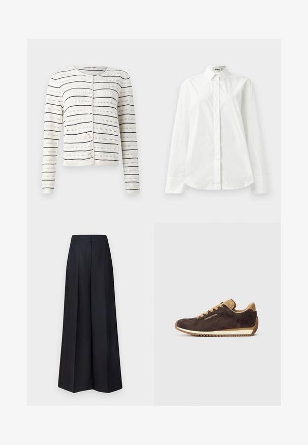 White cardigan with black horizontal stripes and openwork pattern. Features round neckline and pearl-like buttons along the front.; White cotton long-sleeve shirt with a pointed collar, button-front closure, and rounded hem. Smooth texture, regular fit, and no patterns.; MAX&Co. IPPICA - Trousers - black; Brown suede sneaker with tan leather accents, features round laces, beige rubber sole, and "Michael Kors" logo on the outer side.