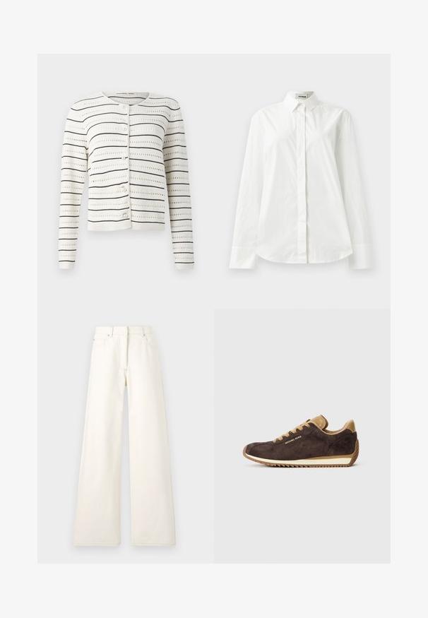 Valkoinen neuletakki, jossa on mustia vaakasuoria raitoja ja avoimesta neuleesta koostuva kuvio. Ominaisuuksiin kuuluu pyöreä pääntie ja helmimäiset napit edessä.; Valkoinen puuvillainen pitkähihaisessa paidassa on terävä kaulus, napitus edessä ja pyöristetty helma. Sujuva tekstuuri, normaali istuvuus ja ei kuvioita.; Harjoittavan levyjalkakevätruokauseurasta on vaalea denimkangas, jossa näkyvät saumat ja taskut. Muotoilu sisältää korkean vyötärön ja suoran leikkauksen.; Ruske suède tenisice s bež kožnim detaljima, imaju okrugle vezice, bež gumeni potplat i logo "Michael Kors" na vanjskoj strani.