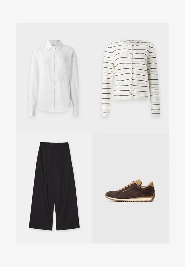 Fehér kardigán fekete vízszintes csíkokkal és nyitott mintázattal. Kerek nyakkivágással és gyöngyszerű gombokkal az elején.; Fehér, hosszú ujjú, gombos ing, sima anyagból készült, hegyes gallérral, elülső zsebből és gombos mandzsettával, amely egy letisztult megjelenést kölcsönöz.; Fekete, széles szárú nadrág sima anyagból, magas derékkal, elülső pliszével, gombos záródással és egyenes szabással.; Barna velúr sportcipő világosbarna bőr díszítéssel, kerek fűzőkkel, bézs gumi talppal, és a "Michael Kors" logóval a külső oldalon.