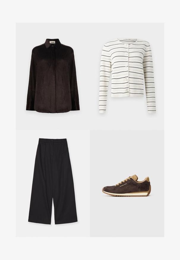 White cardigan with black horizontal stripes and openwork pattern. Features round neckline and pearl-like buttons along the front.; Dark brown corduroy long-sleeve shirt with a collar, buttoned cuffs, and concealed front buttons, displayed on a white background.; Black wide-leg trousers made of a smooth fabric, featuring a high waist, front pleats, a button closure, and a straight silhouette.; Brown suede sneaker with tan leather accents, features round laces, beige rubber sole, and "Michael Kors" logo on the outer side.