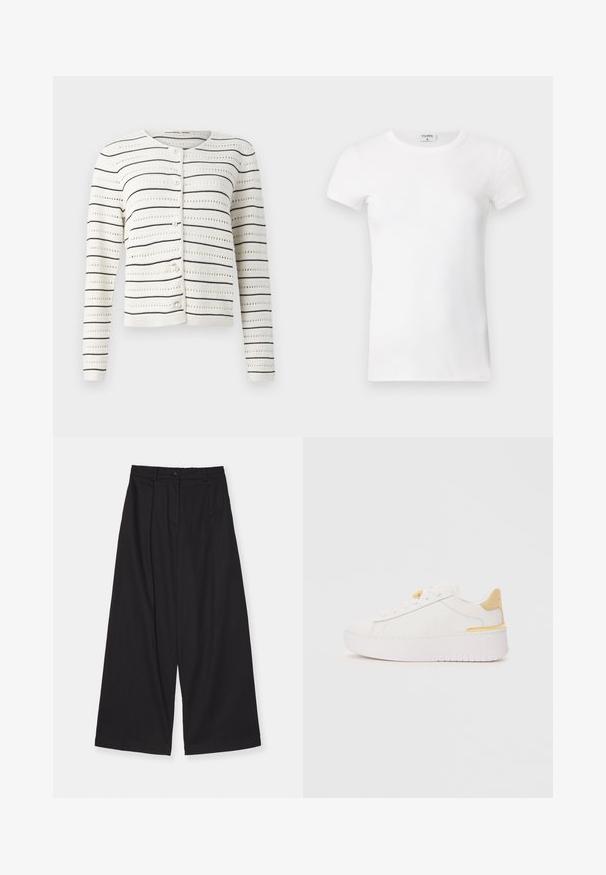 Valkoinen neuletakki, jossa on mustia vaakasuoria raitoja ja avoimesta neuleesta koostuva kuvio. Ominaisuuksiin kuuluu pyöreä pääntie ja helmimäiset napit edessä.; Valkoinen ribattu lyhythihainen T-paita pyöreällä kaula-aukolla. Kangas näyttää sileältä ja istuvalta. Brändilogo näkyvissä kauluksessa.; Mustat nahkapaita, jossa on napitettava etuosa, pitkät kaulukset ja kaksi rintataskua. Ulkonäkö on tilava ja pintamateriaali on sileä.; Mustat leveälahkeiset housut, jotka on valmistettu sileästä kankaasta. Niissä on korkea vyötärö, etupuolella laskokset, nappikiinnitys ja suora leikkaus.; Valkoinen tenniskenkä, jossa on sileä nahkapäällinen, kontrastivärinen keltainen kantapää, paksu valkoinen paksu pohja ja minimalistinen nauhakiinnitys.