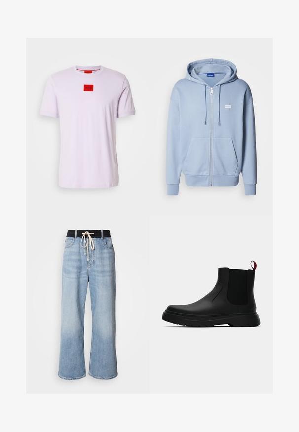 Sudadera con cremallera de color azul claro, confeccionada en un tejido suave, con un bolsillo tipo canguro, capucha ajustable con cordón y un pequeño logo blanco en el pecho.; Camiseta de algodón de color púrpura claro con cuello redondo, mangas cortas y un parche rectangular rojo con la inscripción "HUGO" en el pecho.; Jeans de pierna ancha de color azul claro con una cinturilla elástica negra, que cuentan con un cierre de cordón y un diseño clásico de cinco bolsillos.; Botín negro con un acabado liso, paneles laterales elásticos y una lengüeta de tirón roja contrastante, que presenta una suela de goma gruesa y punta redondeada.