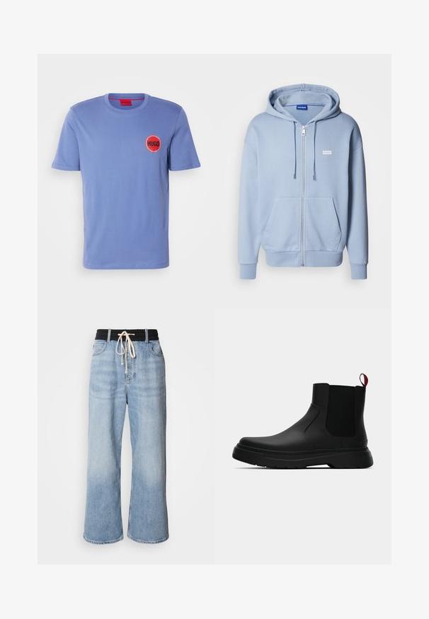 Haut à zip bleu clair en tissu doux avec une poche kangourou, une capuche ajustable avec cordon de serrage, et un petit logo blanc sur la poitrine.; T-shirt en coton bleu clair à manches courtes, col rond, avec un logo rouge circulaire comportant le mot "HUGO" en noir entouré d'une bordure en damier.; Jean large bleu clair avec une taille élastique noire, dotée d'une fermeture à cordon et d'un design classique à cinq poches.; Bottines noires avec une finition lisse, des panneaux latéraux élastiques et une languette rouge contrastante, présentant une semelle en caoutchouc épaisse et un bout arrondi.